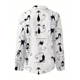 Cute Cat Print Button Front Shirt, Casual Lapel Long Sleeve Shirt, Women's Clothing