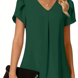 Solid V-neck Petal Sleeve Blouse, Versatile Simple Blouse For Spring & Summer, Women's Clothing