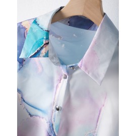 Marble Print Button Front Shirt, Casual Versatile Long Sleeve Shirt, Women's Clothing