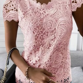 Lace Crew Neck T-Shirt, Elegant Short Sleeve T-Shirt For Spring & Summer, Women's Clothing