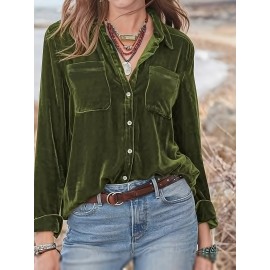 Solid Patched Pockets Velvet Shirt, Vintage Long Sleeve Shirt For Spring & Fall, Women's Clothing