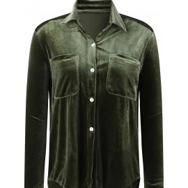 Solid Patched Pockets Velvet Shirt, Vintage Long Sleeve Shirt For Spring & Fall, Women's Clothing