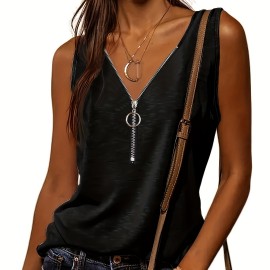 Half Zip Solid Tank Top, Casual Sleeveless Summer Tank Top, Women's Clothing