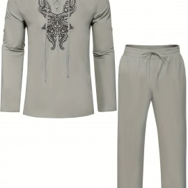 Cotton Boho Style Pattern Embroidery Men's 2 Pieces Outfits, Long Sleeve Lace Up Shirt And Drawstring Solid Trousers Set