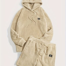 Men's Fluffy 2Pcs Outfits, Casual Hoodies Long Sleeve Pullover Hooded Sweatshirt Snuddie And Sweatpants Shorts Set For Spring Fall, Men's Clothing