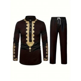 Men's Traditional Long Sleeve Casual African Lightweight Long Shirt, Cheongsam Collar Style