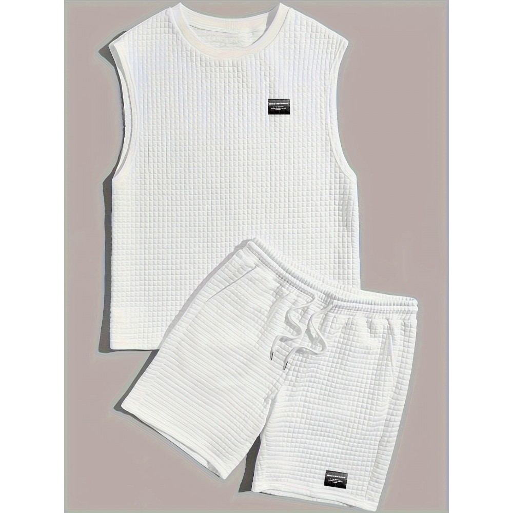 Men's 2 Piece Outfits,  Waffle Pattern , Casual Graphic Tanktop And Loose Drawstring Shorts Set, Men's Clothing