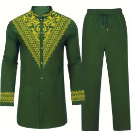 Men's African Dashiki Shirt Metallic Floral Printed Slim Fit Long Sleeve Hoodies Shirts