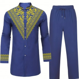 Men's African Dashiki Shirt Metallic Floral Printed Slim Fit Long Sleeve Hoodies Shirts