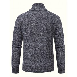 Turtle Neck With Zipper Knitted Texture Sweater, Men's Casual Warm Solid Color Mid Stretch Pullover Sweater For Fall Winter