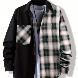 Plaid Pattern Men's Casual Thin Long Sleeve Color Block Button Up Shirt With Chest Pocket, Male Clothes For Summer Spring And Fall