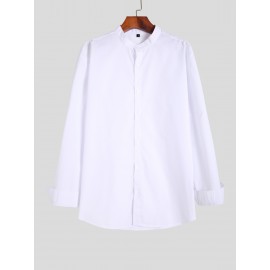 Trendy Men's Casual Solid Long Sleeve Shirt With Mandarin Collar Design, Men's Shirt For Summer, Tops For Men, Gift For Men