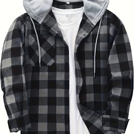 Plaid Pattern Men's Long Sleeve Hooded Shirt Jacket With Chest Pocket, Men's Casual Fall Winter Outwear